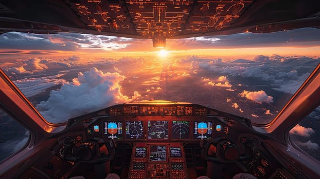 The breathtaking view from an aircraft cockpit showcases a stunning and vibrant sunset glowing above the clouds