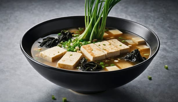 A warm bowl filled with tofu slices, green onions, and mushrooms sits on a textured surface. The vibrant colors of the ingredients create an inviting look, perfect for enjoying a hearty meal.