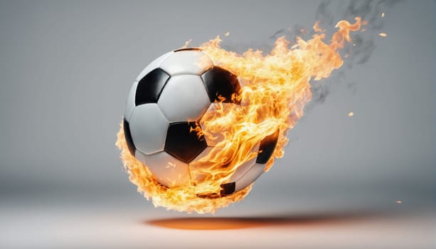 A soccer ball with a classic black and white design is surrounded by vibrant flames that enhance its motion. The fiery effect symbolizes passion and excitement in sports.
