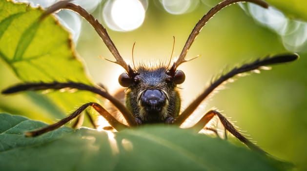 An insect with prominent antennae is perched on a leaf, illuminated by bright sunlight filtering through surrounding vegetation. The vivid green backdrop enhances its details and colors.