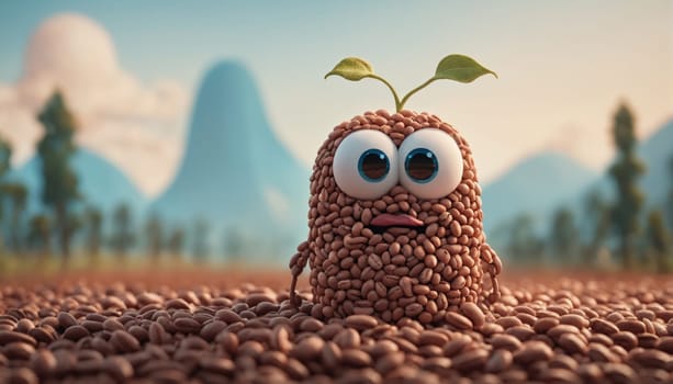 A charming character fashioned from coffee beans stands in a serene landscape, surrounded by more beans. Two small leaves sprout atop its head, contrasting with mountains in the background.