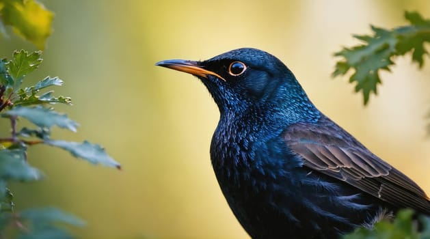 A striking blackbird sits on a green branch, displaying its vibrant plumage under soft sunlight. The surrounding leaves add depth to the natural setting, highlighting the bird's features.