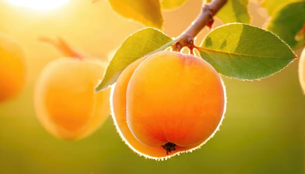 Golden sunlight bathes ripe, juicy fruits on a branch, showcasing their vibrant hues in a lush orchard during late afternoon. The warm tones enhance the serene atmosphere.