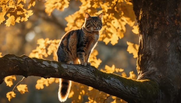 A cat stands confidently on a sturdy tree branch, surrounded by golden leaves in an autumn landscape. The soft sunlight highlights the natural beauty around it.