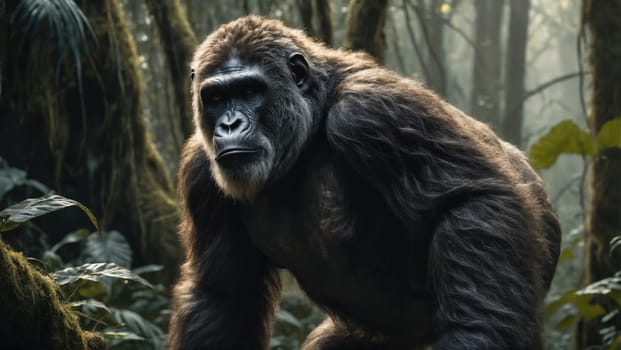 An impressive gorilla is captured in its natural habitat, moving through a dense rainforest filled with vibrant vegetation. The early morning light enhances the serene atmosphere.