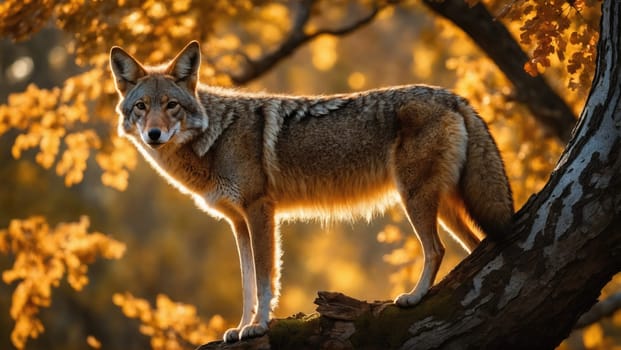 A coyote is perched gracefully on a tree branch, illuminated by warm autumn sunlight. Vibrant orange and yellow leaves create a striking backdrop for this wild encounter.