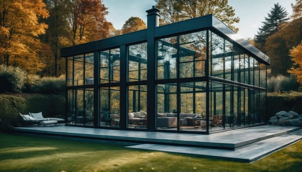 A contemporary glass house stands amidst colorful autumn foliage. The structure features expansive windows and a spacious deck, blending nature with modern architecture.