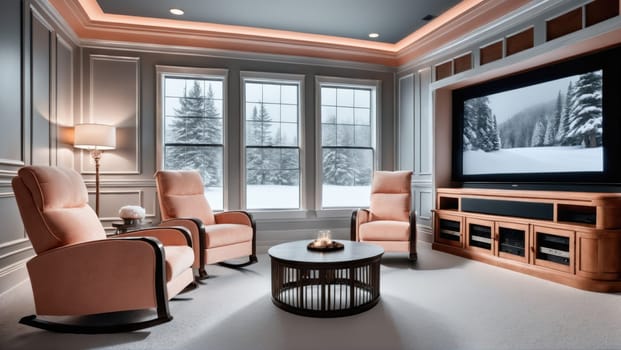 A cozy living room showcases two soft armchairs and a sleek media center beneath large windows revealing a snowy winter landscape outside. Warm light enhances the atmosphere.