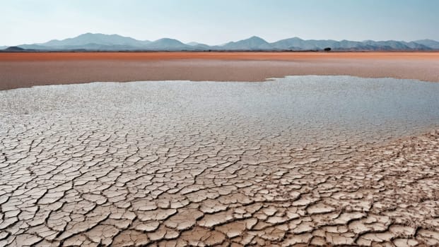 A vast expanse of cracked dry soil is visible, with a small pool of water reflecting the clear blue sky. Distant mountains provide a scenic backdrop in this arid location.