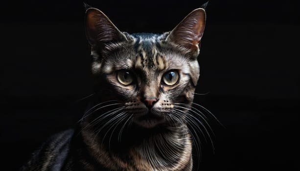 A tabby cat gazes intensely at the viewer with bright eyes, showcasing a mix of curiosity and mystique. The dark background highlights the feline's features and patterns.