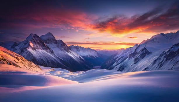 Snow-covered mountains rise majestically in the distance as a vibrant sunset casts warm colors across the sky and valley, highlighting the serene winter landscape.
