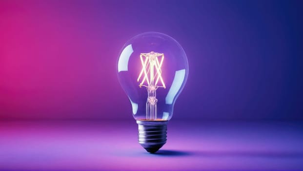 A vintage light bulb shines brightly, casting a warm glow against a vibrant purple background. The delicate filaments are distinctly visible, adding to the artistic appeal.