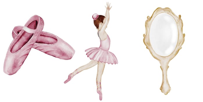 Ballerina watercolor set. Hand drawn ballet incredible girl dancer in pink tutu skirt. Clip art on isolated white background of cute ballet beauty. Ideal for postcards and posters