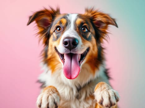 Australian shepherd dog panting and showing paws on a colorful background, looking happy and playful. Ai generated