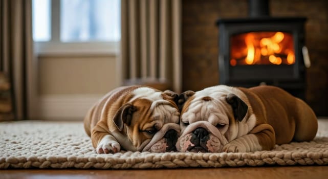 Pets lying relaxed on a blanket with stove burning in the background.Warm and loving winter scene. Concept of frendship and love. Copy space. Close-up image for promotion and advertising of relaxed pet products.