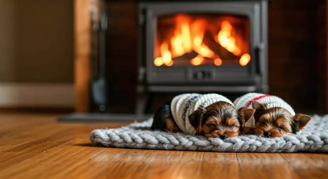 Pets lying relaxed on a blanket with stove burning in the background.Warm and loving winter scene. Concept of frendship and love. Copy space. Close-up image for promotion and advertising of relaxed pet products.