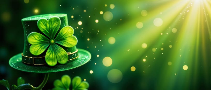 A green hat with a shamrock on it is on a green background. The hat is surrounded by a green glow, giving the image a festive and celebratory mood