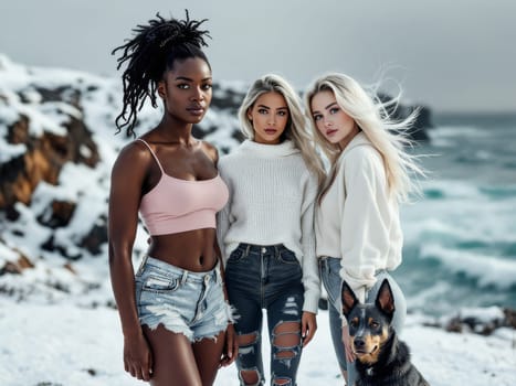 Three models, a black woman and two blonde women, posing on a snowy beach with a dog and a rough sea in the background. Ai generated