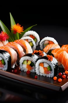 sushi food on plate, black background. High quality photo