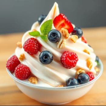 delicious white creamy milk yogurt with different fruits blueberry mango strawberry kiwi in a portioned bowl, realistic food photo, . High quality photo