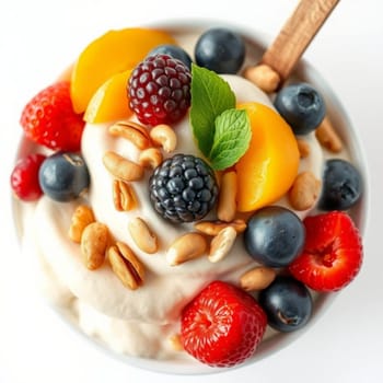 delicious white creamy milk yogurt with different fruits blueberry mango strawberry kiwi in a portioned bowl, realistic food photo, . High quality photo