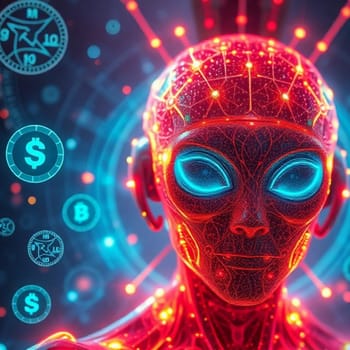 red face alien head dollar blue eyes virtual world. High quality 3d illustration