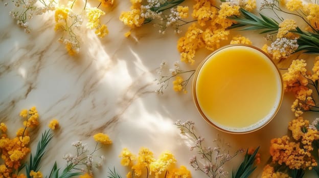 A glass of orange juice surrounded by yellow mimosa flowers on a marble surface, representing vitality and the celebration of women's contributions and energy on International Women's Day