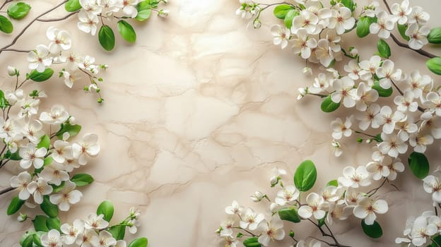 A frame of white cherry blossoms with green leaves on a soft marble surface, representing the delicate beauty and strength of women celebrated on International Women's Day