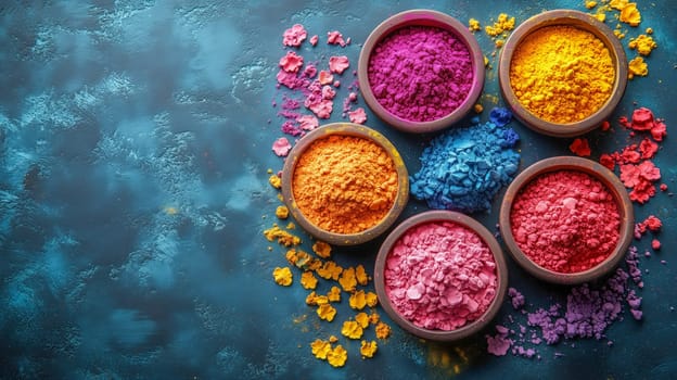A stunning array of vibrant Holi powders in bowls, surrounded by scattered flowers, representing the joy of Holi