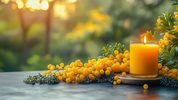 A glowing yellow candle placed on a wooden tray surrounded by fresh yellow mimosa flowers, symbolizing warmth, femininity, and celebration of International Women's Day