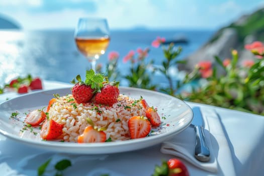 Delicious strawberry risotto topped with fresh herbs, presented on a white plate with a coastal view and elegant table setting