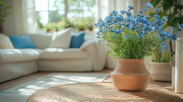 A close-up of a lush bouquet of bright blue flowers arranged in a woven basket, placed on a braided jute rug in a cozy living room with sunlight streaming through large windows. The soft natural tones and bright accents evoke feelings of tranquility and comfort