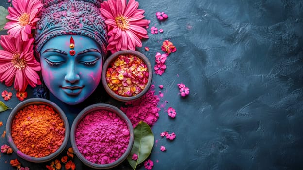 A close-up of colorful Holi powders in bowls surrounded by vibrant flowers and festive decor, symbolizing the celebration of colors