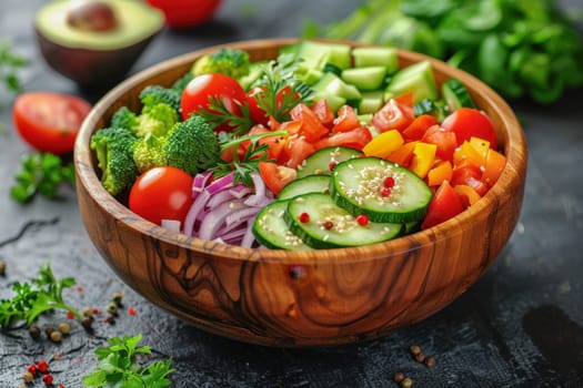 A colorful salad made with fresh vegetables including cucumbers, cherry tomatoes, red onions, broccoli, and bell peppers, served in a rustic wooden bowl and garnished with sesame seeds and herbs