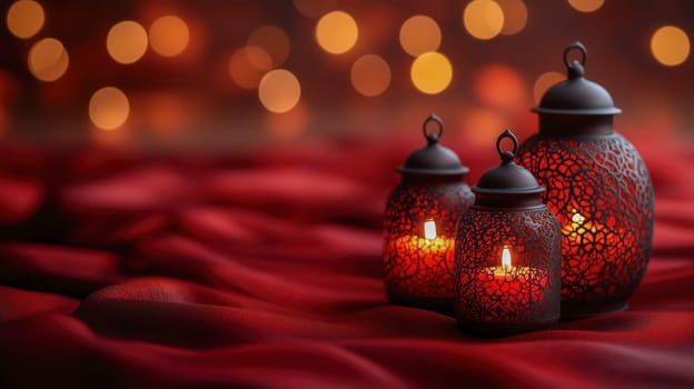 A trio of beautifully designed Ramadan lanterns emitting warm light, set against soft red fabric and glowing bokeh lights, creating a serene festive atmosphere