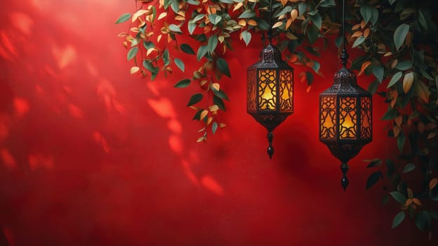 Two ornate Ramadan lanterns illuminated with warm light, hanging against a vibrant red background adorned with green leaves, symbolizing the festive spirit of Ramadan evenings