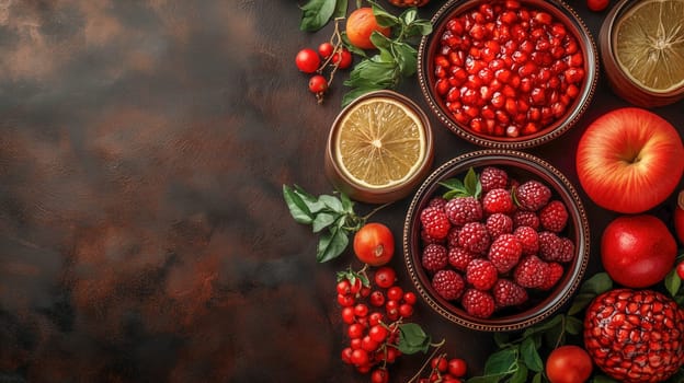 A rich assortment of fruits, including pomegranate, berries, and citrus slices, artfully arranged on a rustic surface, evoking the abundance and gratitude of Ramadan feasts