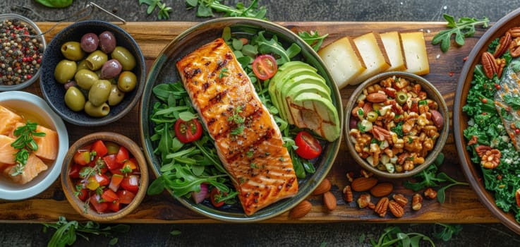 A variety of fresh vegetables, including tomatoes, cucumbers, carrots, and greens, served in bowls and arranged neatly on a wooden table