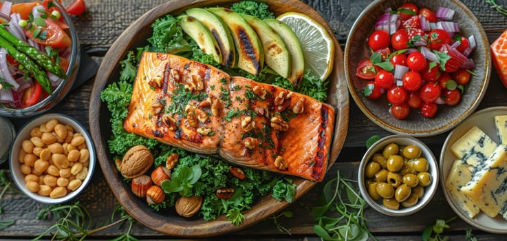 A gourmet keto dish of grilled salmon garnished with herbs and nuts, served with avocado slices, fresh greens, and cherry tomatoes on a rustic wooden plate