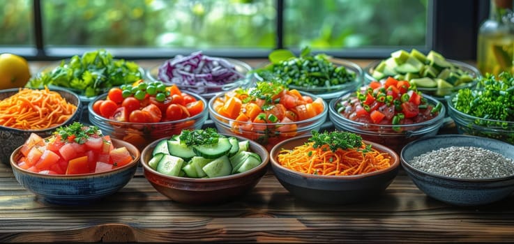 A beautifully styled dining table featuring keto-friendly ingredients like fresh salmon, avocado, assorted nuts, and green olives, arranged for a healthy meal