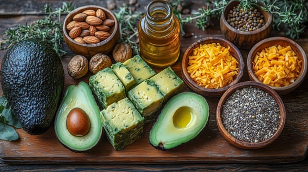 A rustic keto platter showcasing fresh avocados, assorted cheeses, nuts, chia seeds, and olive oil, presented with a natural aesthetic on a wooden board