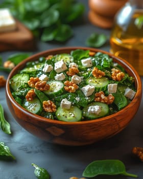 A close-up of a keto-friendly salad featuring fresh spinach, sliced cucumbers, walnuts, and feta cheese served in a wooden bowl with olive oil in the background