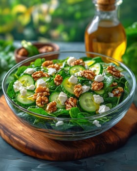 A healthy keto-friendly salad made with fresh spinach, cucumber slices, walnuts, and crumbled feta cheese, served in a glass bowl with olive oil on the side