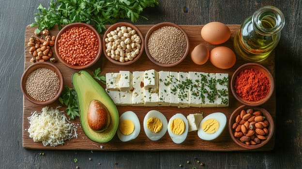 A keto-inspired spread featuring fresh avocados, eggs, feta cheese, sesame seeds, lentils, herbs, and spices, neatly arranged on a rustic wooden board