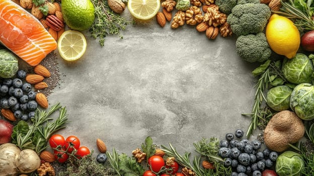 Assortment of keto-friendly ingredients such as salmon, nuts, broccoli, lemons, and blueberries forming a decorative frame around a blank center space on a gray stone surface