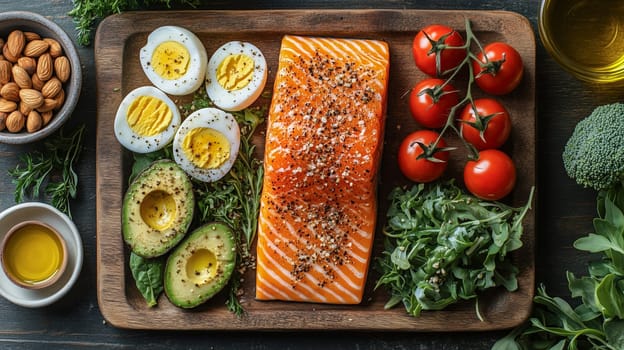 A vibrant keto meal served on a wooden board, including seasoned salmon, avocado slices, boiled eggs, cherry tomatoes, almonds, and fresh greens