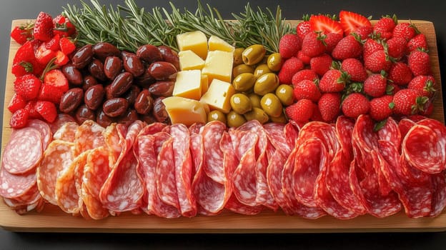 A vibrant keto antipasto platter with assorted cured meats, olives, diced cheese, and fresh strawberries, arranged on a wooden board with rosemary sprigs for decoration