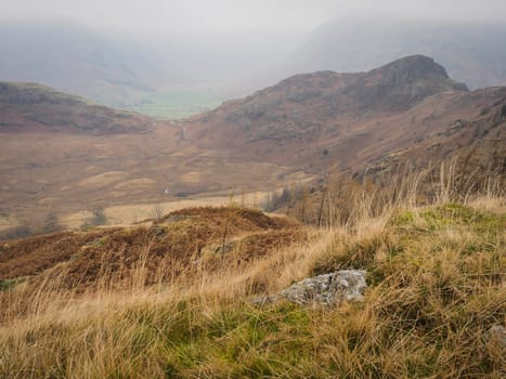 View across Side Pike and the Great Langdale valley on the descent from Lingmoor Fell, Lake District, UK
