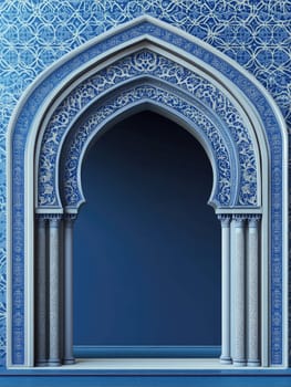 Elegant Islamic archway with intricate silver and navy blue patterns for architectural design.