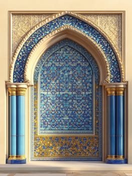 Moroccan style arch with intricate blue and gold tilework design.